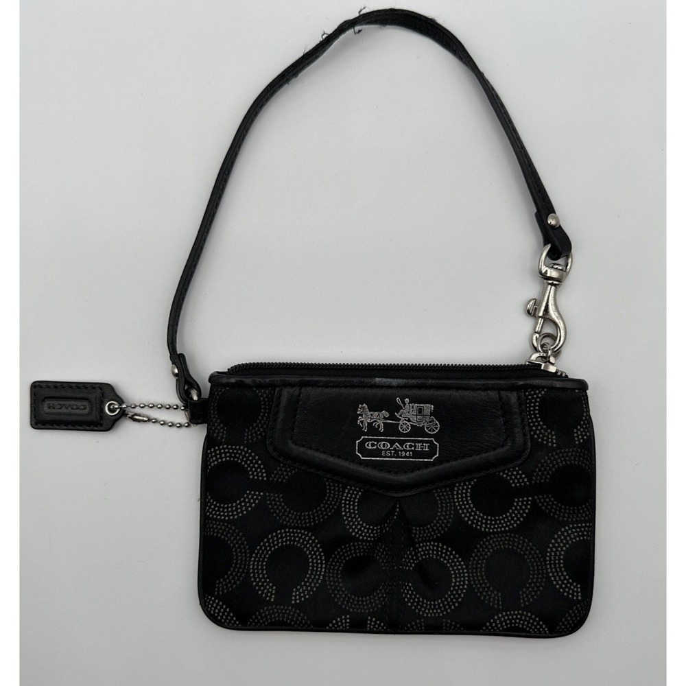 Coach Madison Dotted‎ Op Black Silvertone Hardware Wristlet Clutch Orig Hang Tag